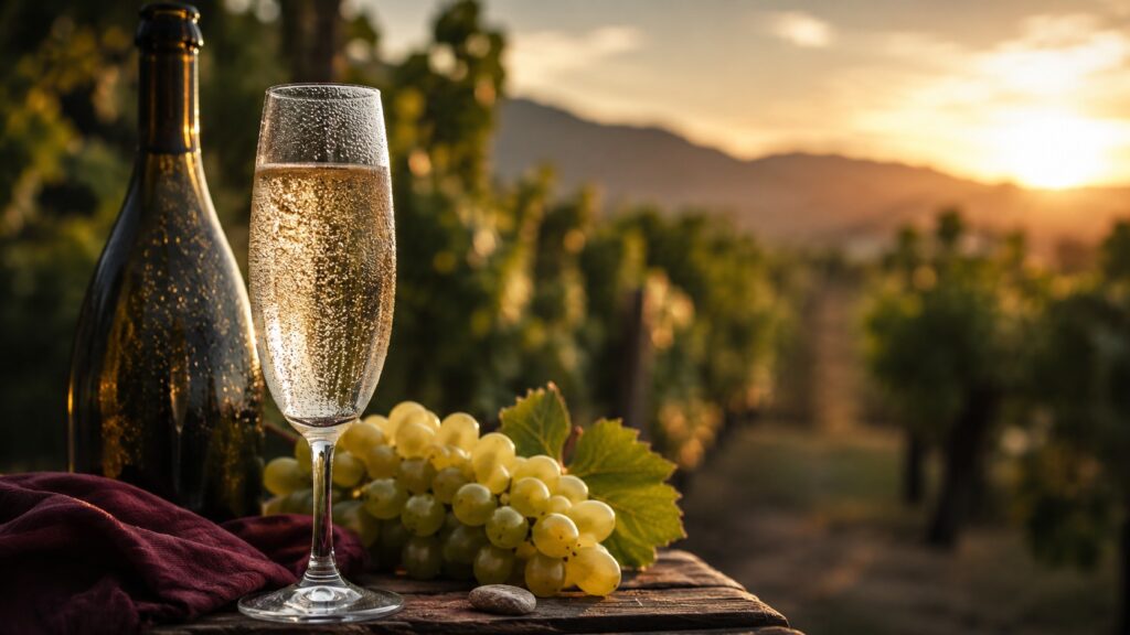 Vinos Espumantes: Descubre Qué Son y Sus Diferentes Tipos - Copa de flauta con espumante blanco muy frío, burbujas finas ascendiendo desde el fondo, c