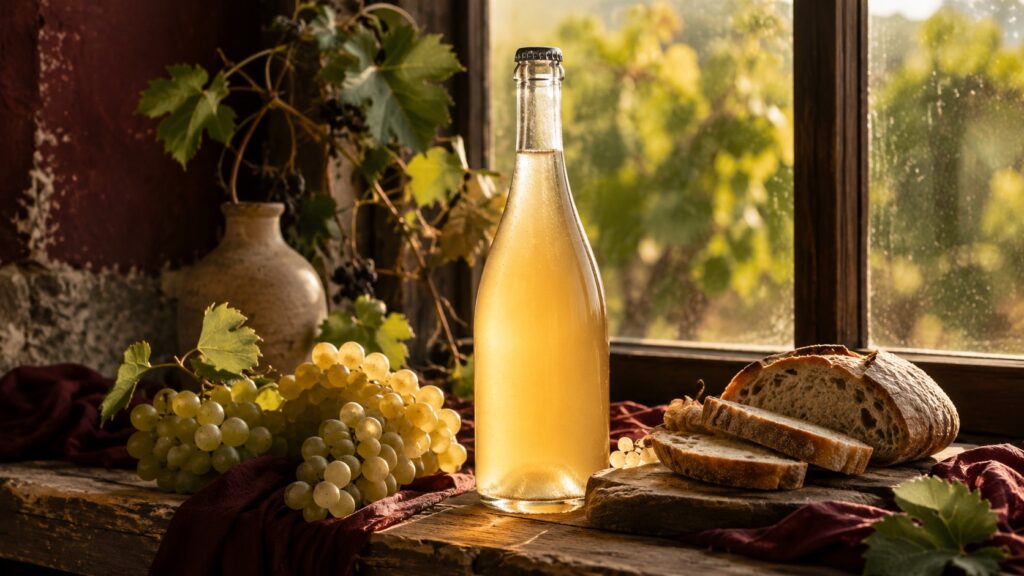 Vinos Espumosos Naturales: ¿Qué Son y Por Qué Amarlos? - Una botella de vino espumoso natural sin etiqueta, con el líquido dorado-turbio visible a con