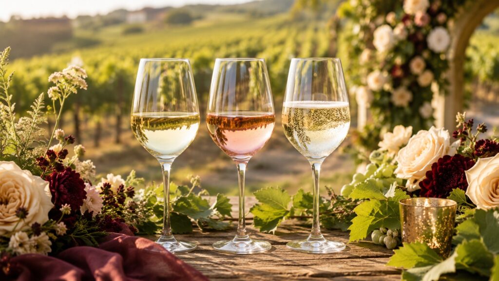 Vinos ideales para una boda en verano - Tres copas de vino blanco, rosado y espumante alineadas sobre una mesa de madera rústica al aire libre, rodead