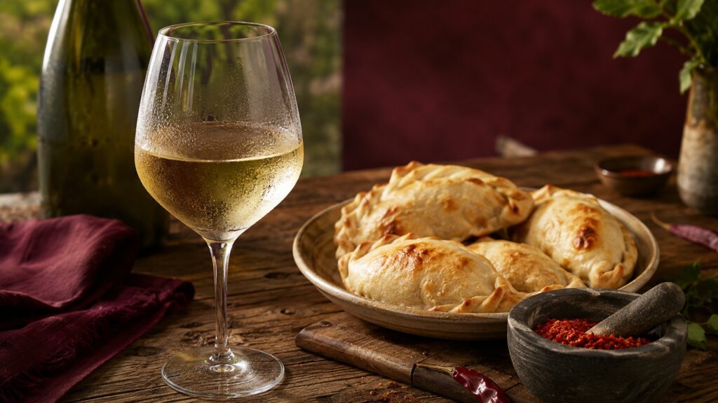 Vinos que combinan bien con comida picante | Guía y tips - Copa de vino blanco helada con gotas de condensación sobre una mesa de madera rústica, junt