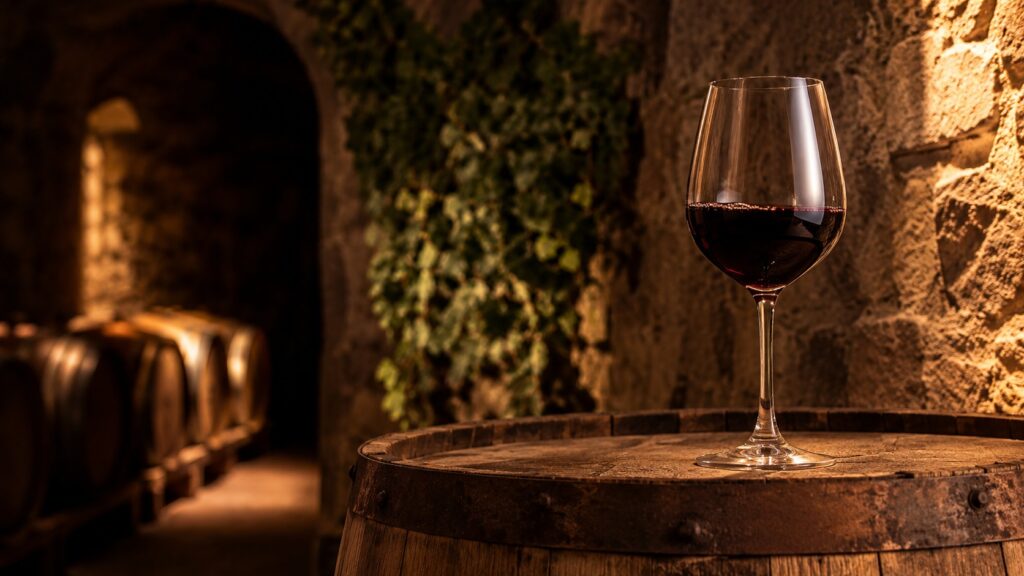 Vinos Reserva: ¿Qué Son y Por Qué Son Tan Especiales? - Copa de vino tinto con reflejo rubí oscuro apoyada sobre una barrica de roble con duelas de ma