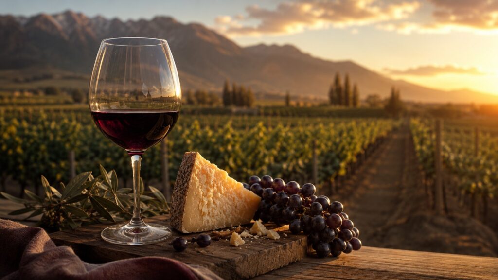 Vinos San Felipe - Disfruta de los mejores vinos argentinos - Copa de vino tinto con reflejos violáceos sobre una tabla de madera rústica, con un troz