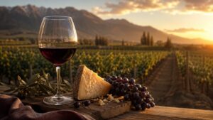 Vinos San Felipe - Disfruta de los mejores vinos argentinos - Copa de vino tinto con reflejos violáceos sobre una tabla de madera rústica, con un troz