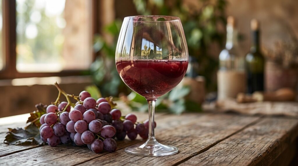 Vinos sin filtrar: Descubre estos vinos naturales y únicos - Un primer plano de una copa de vino tinto turbio con sedimentos visibles en el fondo, ilu