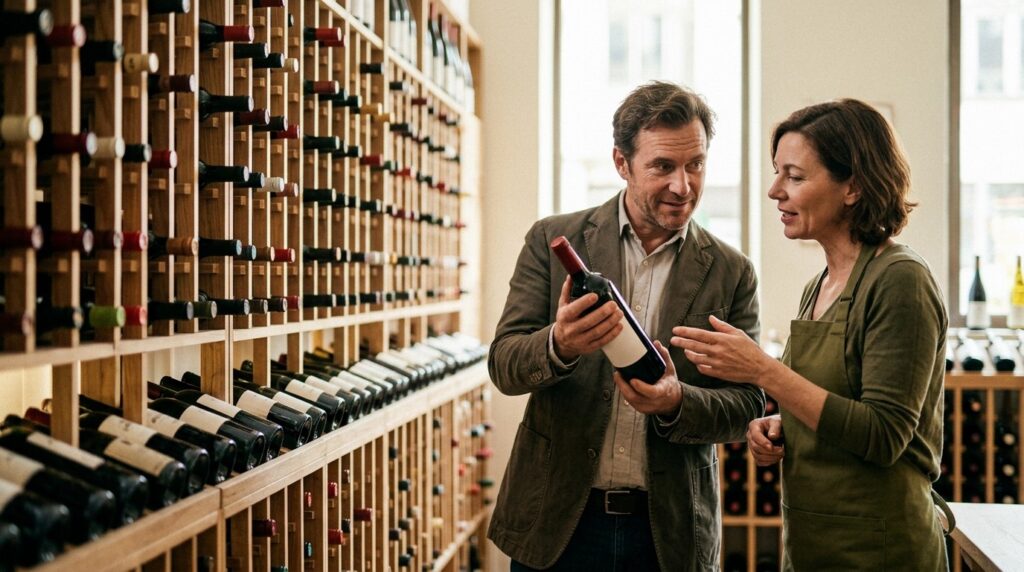 Vinoteca: ¿Qué es y por qué deberías visitar una? - Un cliente examinando una botella de vino tinto mientras un sommelier le ofrece consejos, rodeados