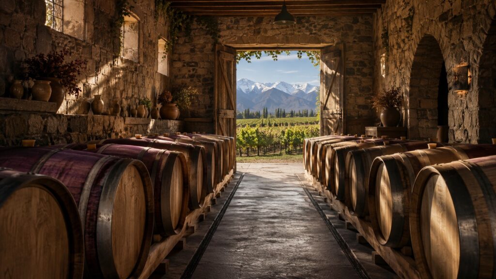 Bodegas boutique en Mendoza: Descubrí las mejores bodegas - Filas de barricas de roble en una bodega pequeña con paredes de piedra, luz natural entran