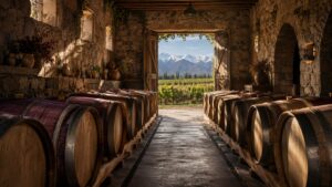 Bodegas boutique en Mendoza: Descubrí las mejores bodegas - Filas de barricas de roble en una bodega pequeña con paredes de piedra, luz natural entran