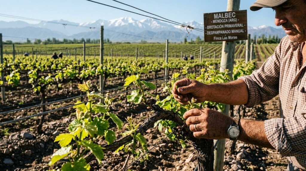 El Cuidado de los Pámpanos de la Vid - Manos de viticultor eliminando a mano brotes tiernos de una cepa de Malbec durante la brotación primaveral, con