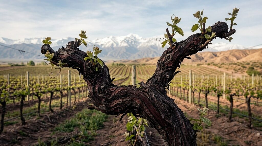 Curiosidades de la vid, la planta del vino - Tronco centenario de vid, retorcido y oscuro, del que emergen zarcillos y pámpanos verdes al inicio de la