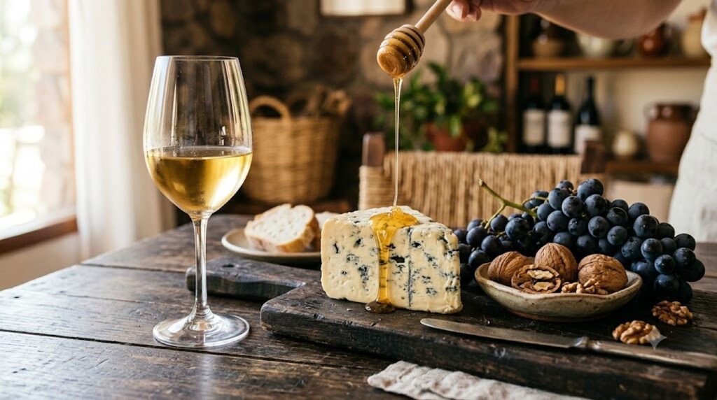 Ejemplos de maridaje por contraste: la clave del sabor - Una copa de vino blanco dorado junto a un trozo de queso azul con hilo de miel cayendo, sobre