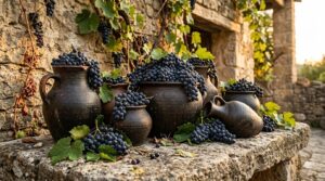 El origen del vino en la Mesopotamia - Descubre la historia - Vasijas de arcilla oscura y cántaros de barro con racimos de uva silvestre negra desbord