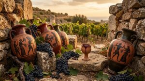 El vino en la cultura griega - Un viaje por su historia - Ánforas de cerámica pintada con escenas de vendimia apoyadas sobre piedra antigua, con racim
