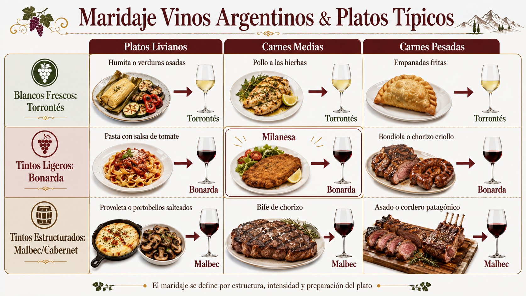 Guía de maridaje: qué vino argentino va con cada plato 1 maridaje vinos argentinos diagrama explicativo
