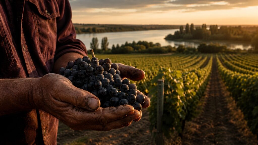 Historia del Vino “Injusto”: Una Odisea de Resiliencia y Pasión - Manos curtidas de un viticultor sosteniendo un racimo de uvas negras maduras, con hi