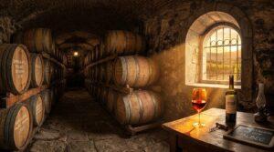 Historia vitivinícola en Italia - Vinos Italianos - Bodega subterránea italiana con paredes de piedra antigua, hileras de barricas de roble en penumbr