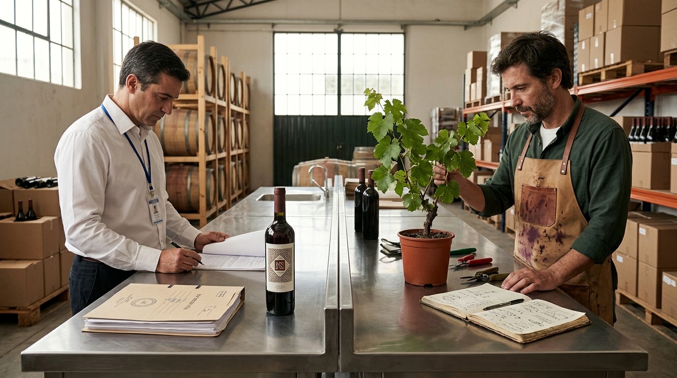 Instituto Nacional De Vitivinicultura vs Viticultura: comparativa completa - Un mostrador de acero inoxidable en el centro de un galpón de bodega. Del