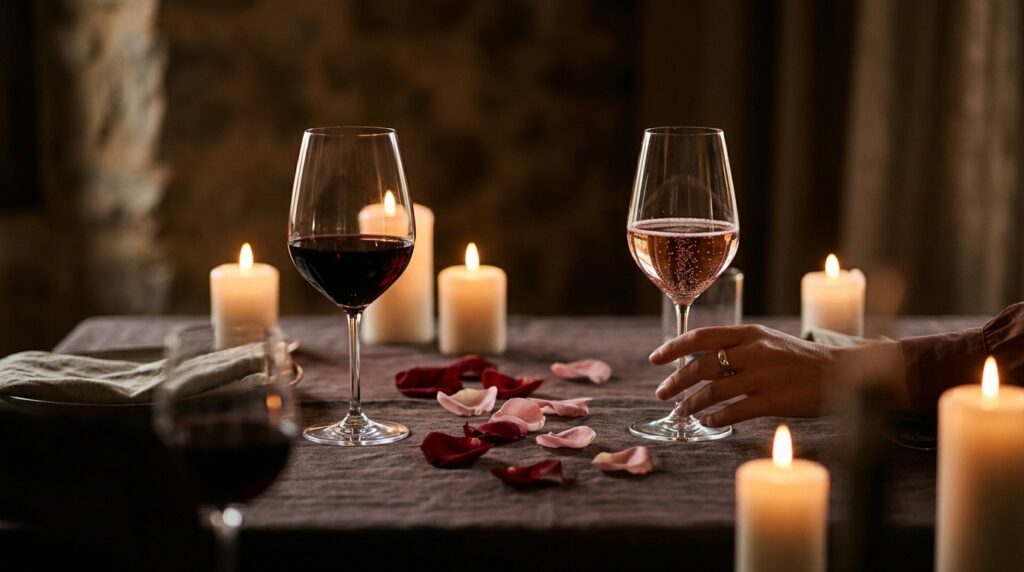 Los Mejores Vinos para Celebrar un Aniversario - Dos copas con vino tinto y espumante rosado sobre una mesa con mantel de lino, velas encendidas y pét