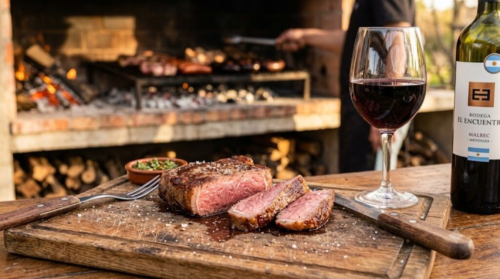 Maridaje del Cabernet Sauvignon: Guía para Combinar - Bife de chorizo al punto recién cortado sobre tabla de madera rústica, copa de tinto con reflejo