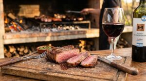 Maridaje del Cabernet Sauvignon: Guía para Combinar - Bife de chorizo al punto recién cortado sobre tabla de madera rústica, copa de tinto con reflejo