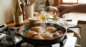 Los Mejores Vinos para Cocinar Pollo: Top Picks 3 Los Mejores Vinos para Cocinar Pollo: Top Picks - Una mano vertiendo un chorro de vino blanco desde una copa a una sartén de hierro con presas de poll