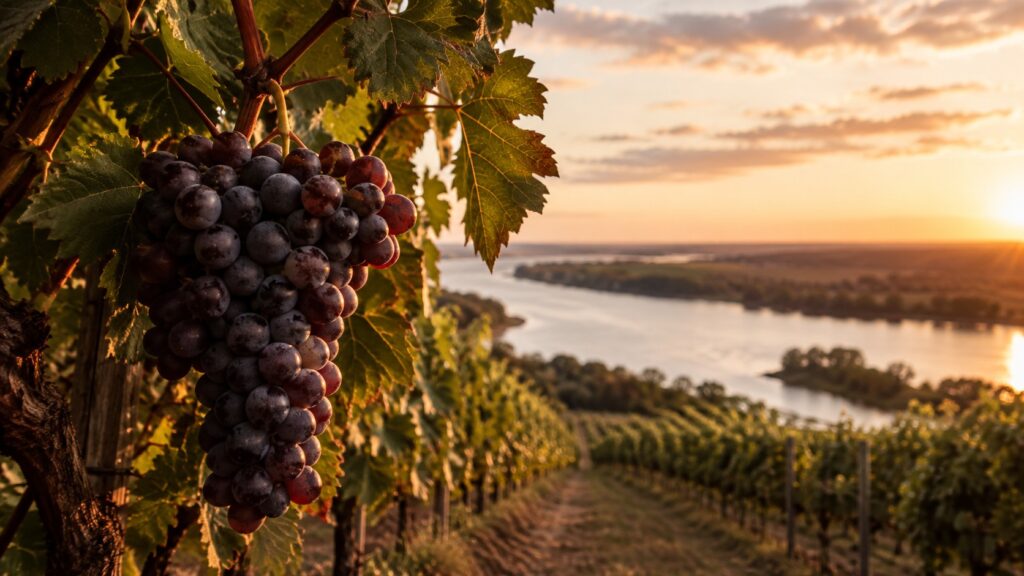 ¿Por qué algunos de nuestros vinos se llaman “Injusto”? - Racimo de uvas Malbec maduras colgando de la vid al atardecer, con el río Paraná visible ent