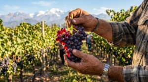 Racimos: Conocé los secretos de una de las plantas más trepadoras del planeta - Manos de viticultor sosteniendo un racimo de Malbec recién cortado, co