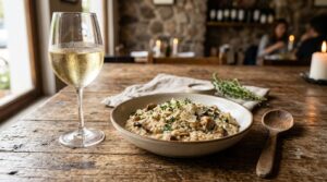 Los mejores vinos para acompañar risottos - Copa de vino blanco con finas gotas de condensación apoyada junto a un plato hondo de risotto cremoso con
