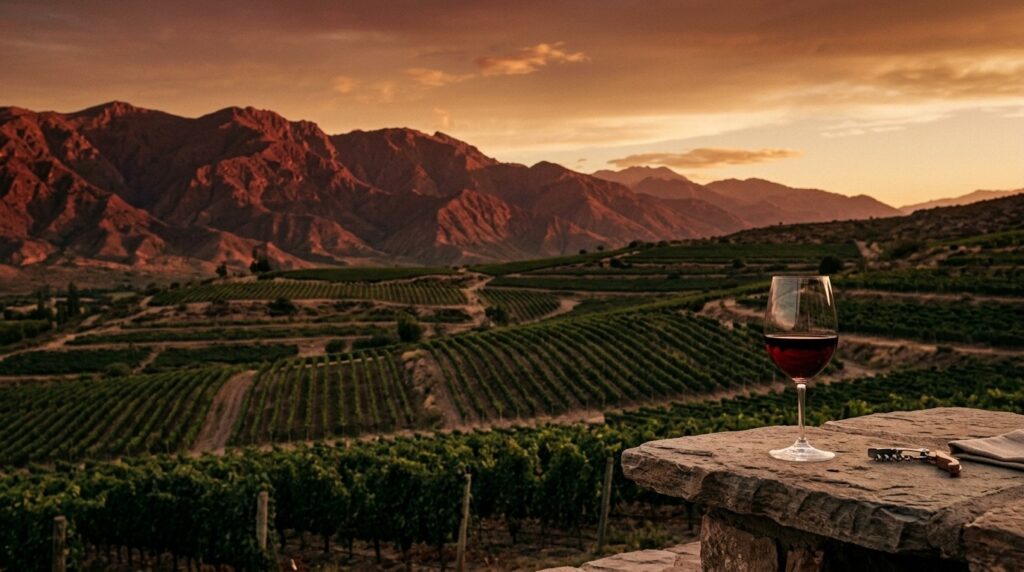 Tipos de vinos que se producen en la provincia de Salta - Al atardecer, un viñedo en terrazas de los Valles Calchaquíes con la Cordillera de los Andes