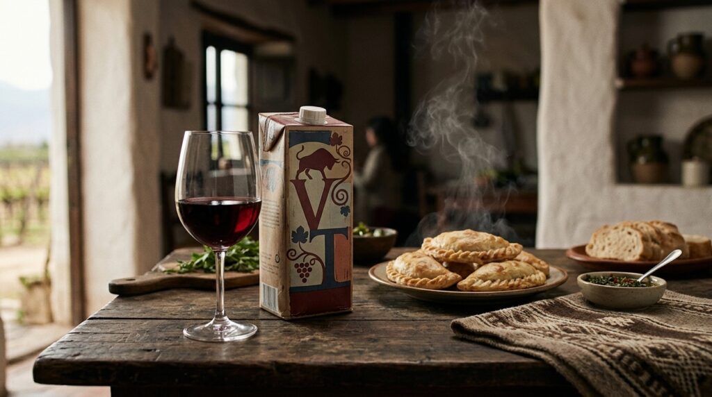Vino Toro - Descubre los mejores vinos de Argentina - Copa de vino tinto a medio llenar junto a un tetrabrik sobre mesa de madera rústica, con un plat