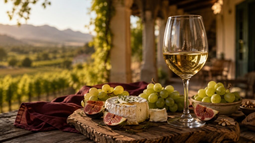 Vinos Blancos Dulces en Argentina - Descubre los Mejores - Copa de vino blanco con reflejos dorados servida sobre una tabla de madera rústica con higo