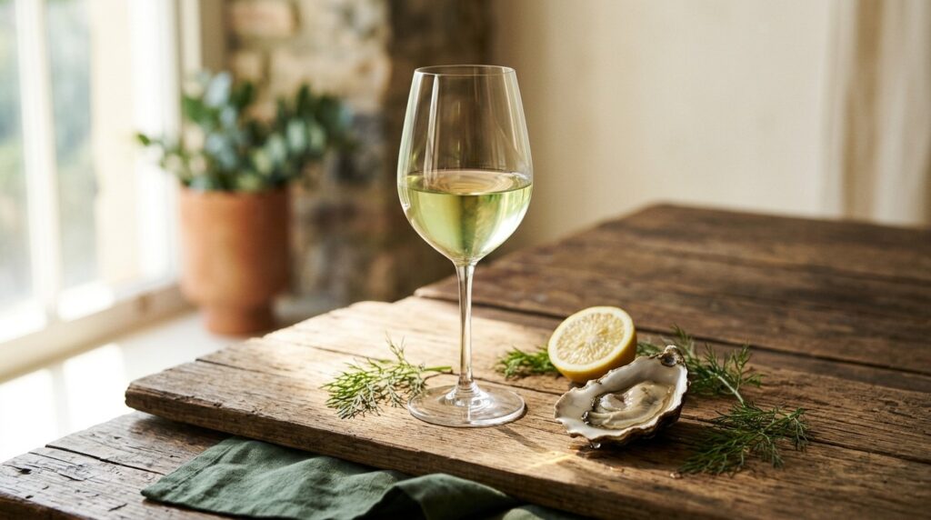 Vinos blancos secos: ¿Qué son y cómo reconocerlos? - Copa alta con vino blanco pálido recién servido sobre una tabla de madera rústica, rodeada de med