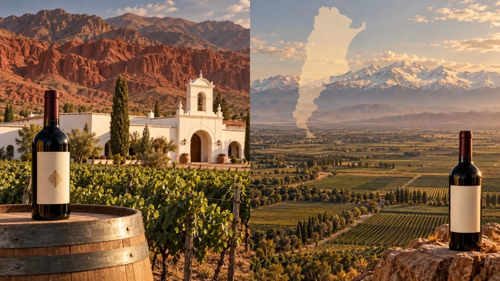Bodega El Esteco vs Argentina: comparativa completa - Imagen dividida en dos mitades: a la izquierda, la fachada blanca de una bodega de Cafayate, hil