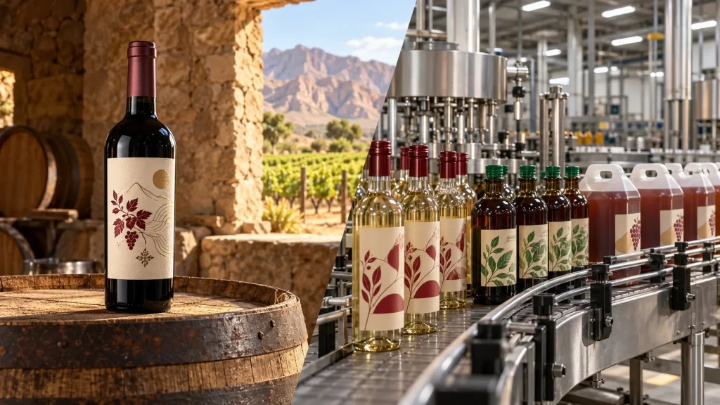 Bodega El Esteco vs Cepas-Argentinas: comparativa completa - Composición dividida en diagonal: a la izquierda una botella elegante de vino tinto Bodeg