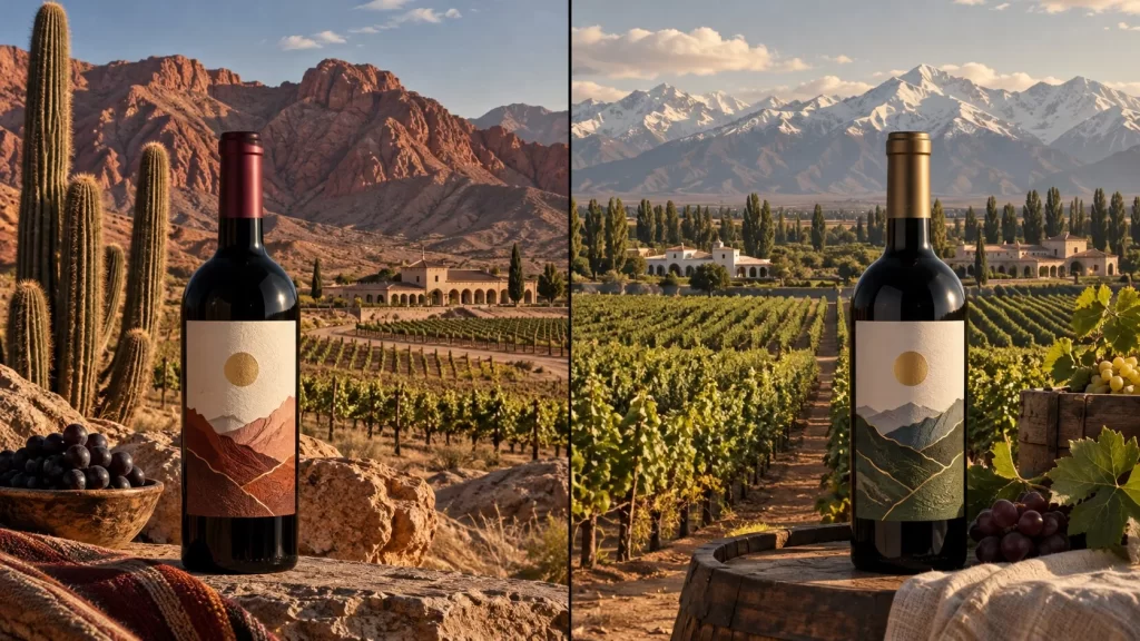 Bodega El Esteco vs Mendoza: comparativa completa - Paisaje partido en dos por una línea vertical. A la izquierda, viñedos de altura en Cafayate con c