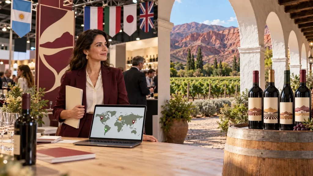 Wines Of Argentina vs Bodega El Esteco: comparativa completa - Escena dividida en dos mitades sobre una mesa de madera clara. A la izquierda, un stand