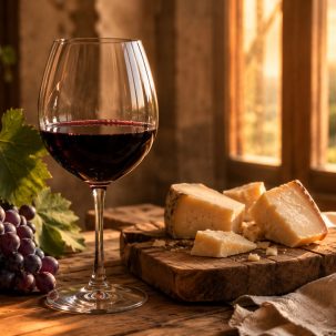 ¿Cuál es el vino más sabroso? - Copa de cristal con vino tinto oscuro sobre una mesa de madera, junto a un racimo de uvas malbec y una tabla de quesos