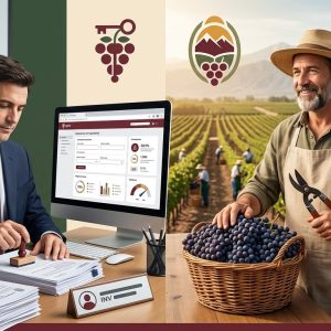 Instituto Nacional De Vitivinicultura vs Mendoza: comparativa completa - Un escritorio de oficina dividido al medio. Del lado izquierdo, un inspector